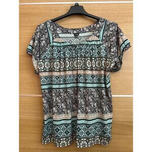 Rafaella short sleeve patterned pullover top- women's sz 2X - blue green/blk
